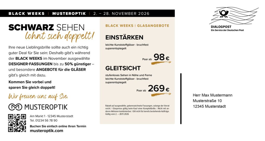 Black Weeks Maxipostkarte Rückseite mit Glasangeboten