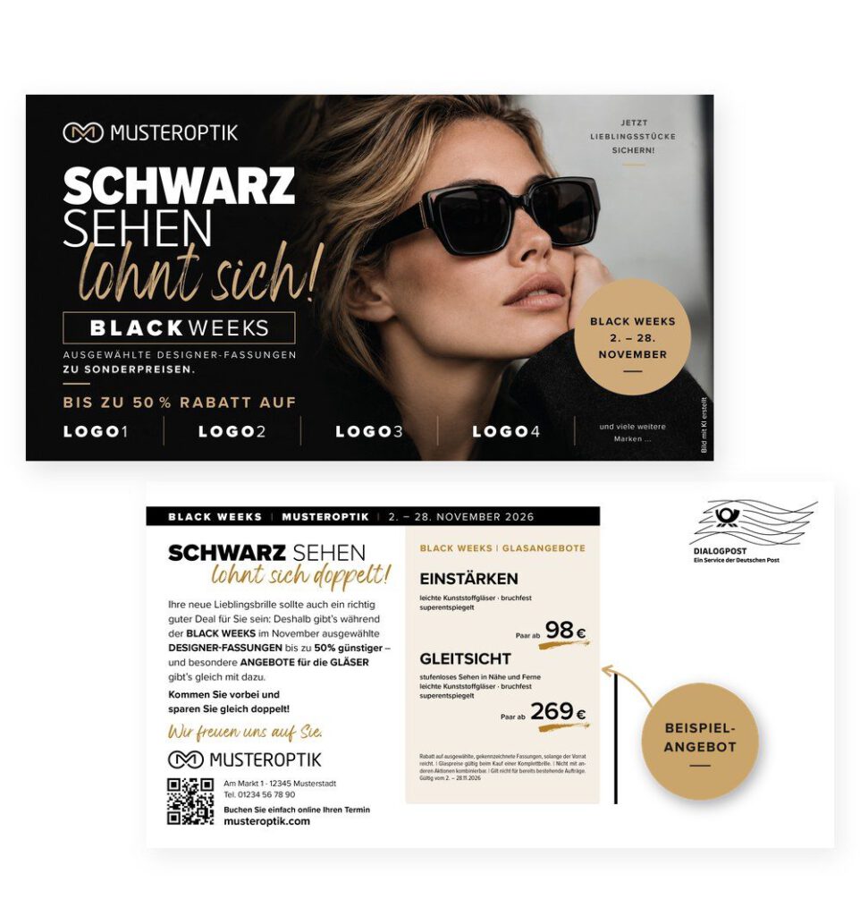 Black Weeks Maxipostkarte im Musteroptik-Design: Vorderseite oben, Rückseite versetzt darunter; ein goldener Störer „Beispielangebot“ zeigt auf die Glasangebote.