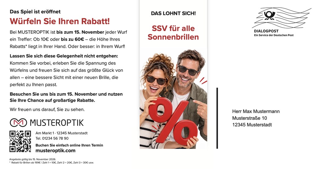 Rückseite der Maxipostkarte „Würfel-Rabatt“: Aktionstext „Würfeln Sie Ihren Rabatt!“, Kontaktdaten von Musteroptik, ein Zusatzangebot für Sonnenbrillen und das Anschriftenfeld.