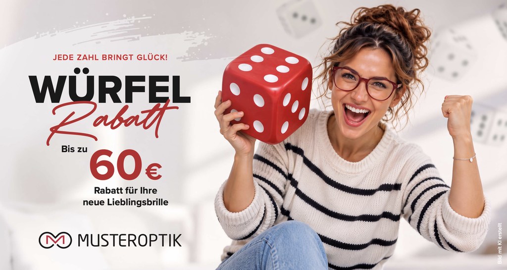 Vorderseite der Maxipostkarte „Würfel-Rabatt“ im Musteroptik-Design: eine lachende Frau mit Brille hält einen großen roten Würfel, bis zu 60 Euro Rabatt.