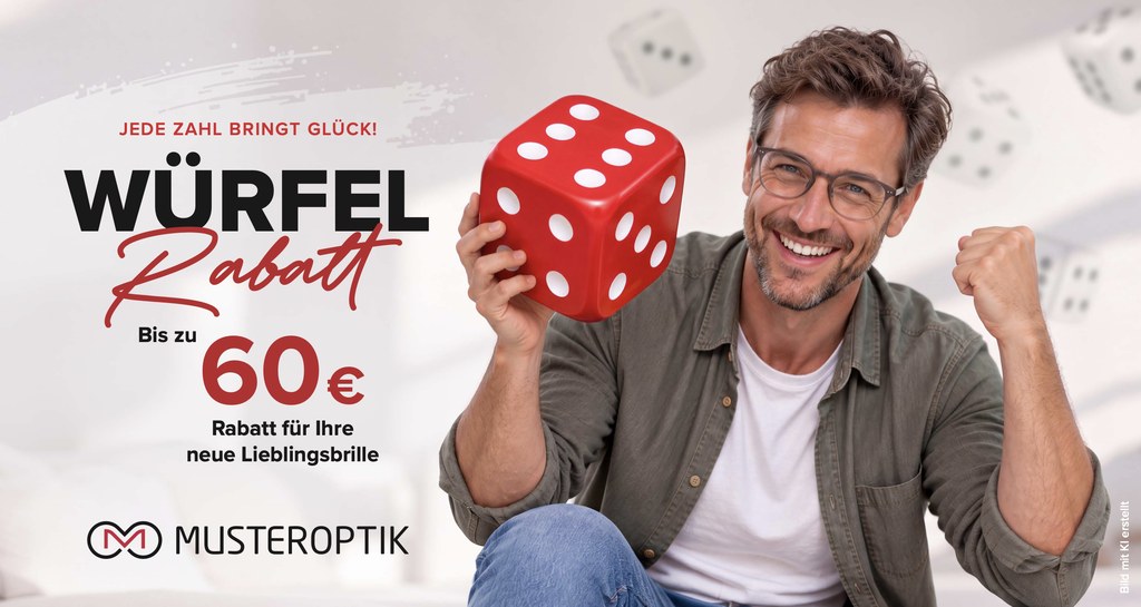 Vorderseite der Maxipostkarte „Würfel-Rabatt“ im Musteroptik-Design: ein lächelnder Mann mit Brille hält einen großen roten Würfel, bis zu 60 Euro Rabatt.