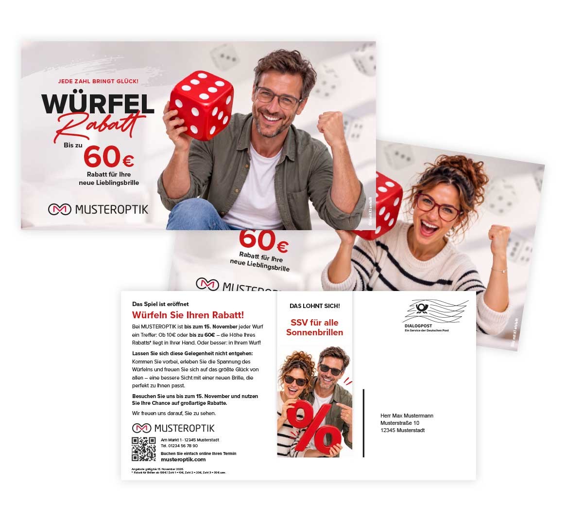Beide Vorderseiten und die Rückseite der Maxipostkarte „Würfel-Rabatt“ im Musteroptik-Design, übereinander gelegt.