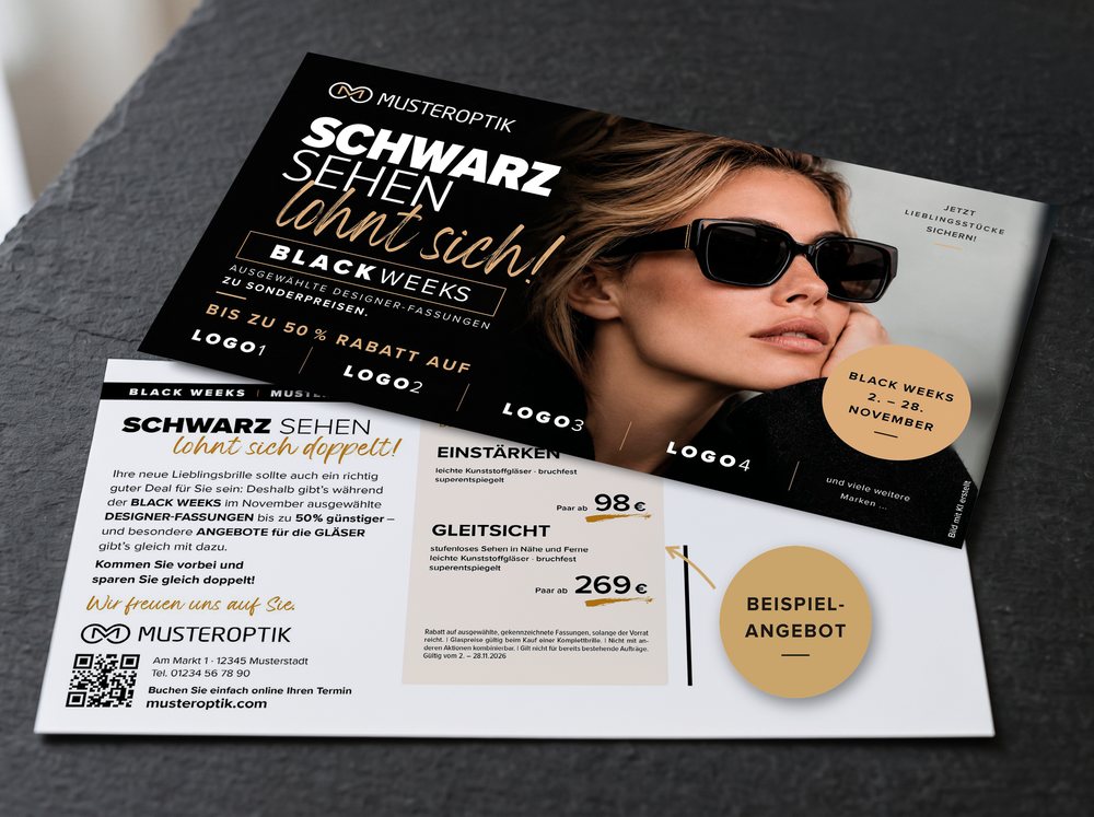 Maxipostkarte „Black Weeks“ im Musteroptik-Design auf dunklem Schiefer: Vorderseite mit Frau und Sonnenbrille, darunter die Rückseite; ein goldener Störer „Beispielangebot“ zeigt auf das Angebotsfeld.